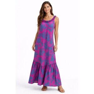Hilo Hattie Hawaii Maxi Dress Womens Medium Pink Blue Tropical Floral Ruffle